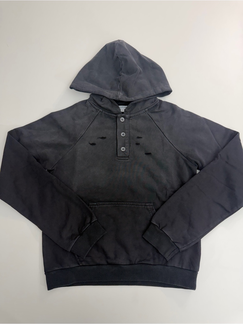 Ponderingus Henley Hoodie Size M Black Distressed Pullover
